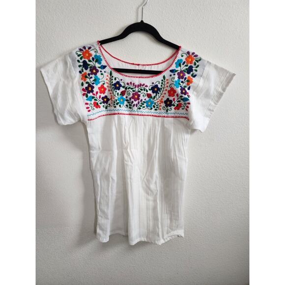Embroidered Peasant Floral Mexican Boho Fiesta Blouse hand made White Medium - Picture 1 of 3
